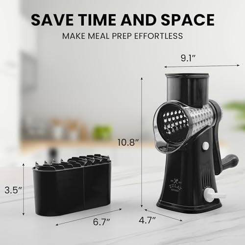 Zulay Rotary Cheese Grater 5 Blade Cheese Shredder - Manual Hand Crank Cheese Grater With Reinforced Suction & 5 Interchangeable Drums - Easy to Use, Vegetable Chopper Round Mandoline Slicer - Black