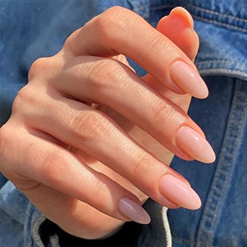 YOSOMMK Nude Press on Nails Almond Shaped Fake Nails Medium Glossy Stick on Nails Natural Full Cover False Nails Acrylic Glue on Nails for Women