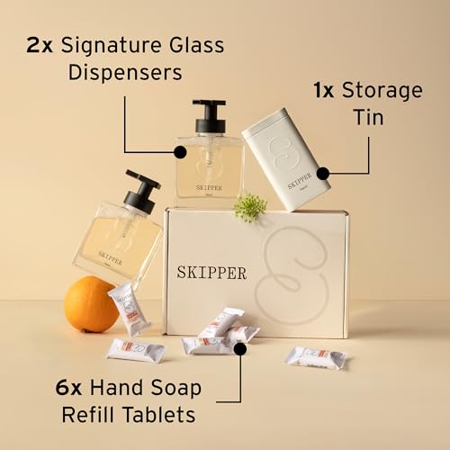 Tirtyl Skipper Hand Wash Duo Kit Glass - 2 Glass Foaming Dispensers + 6 Tablet Refills (6x 8 fl oz bottles of soap) + 1 Storage Tin - Variety Fragrances
