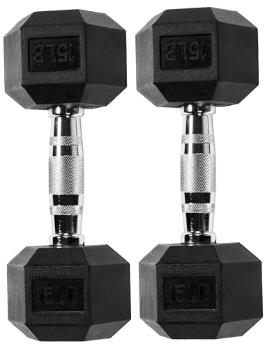 Signature Fitness Rubber Encased Hex Dumbbell, 15LB Pair, Black