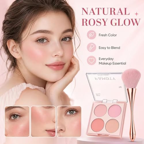 4-Color Blush Palette with Brush Set - Highly Pigmented, Blendable