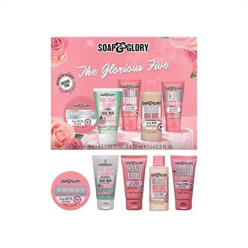 Soap & Glory The Glorious Five Skin Care Gift Set - The Righteous Body Butter Cream, Hand Food Hand Cream, Clean on Me Shower Gel, Vitamin C Facial Cleanser & Exfoliating Body Scrub (5 Count)