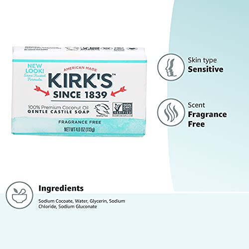 Kirk's Natural Original Coco Castile Soap Fragrance Free, 4 Ounce (Packaging may Vary) (Pack of 5)