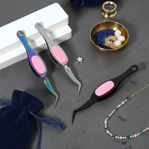 3PCS Reverse Tweezers, Cross Locking Tweezers Set, Stainless Steel Precision Curved Bent Straight Fine Tip with Soft Grip for DIY Craft, Jewelry Making, Eyelash Extensions, Beading