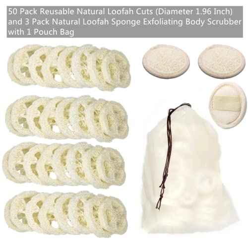 50Pcs Natural Loofah Slice of 1.96inch, Reusable Natural Loofah Cuts for Cleaner Sponge Scrubber, Facial Soap Holder and DIY Customize Soap Tools, with 3Pcs Exfoliating Loofah Pad and 1 Storage Bag