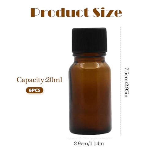 6Pcs Amber Glass Essential Oil Bottles 20ml Leakproof