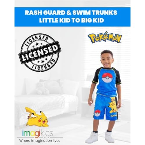 Pokemon Raglan Rash Guard and Swim Trunks UPF 50+ Outfit Set Little Kid to Adult Sizes (4 - Large)