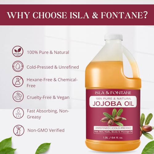 ISLA & FONTANE Jojoba Oil ? 64 fl oz | 100% Pure & Natural | Golden, Unrefined, Cold Pressed | Hexane-Free Carrier Oil for Skin, Hair, Face, Nails & Body Moisturizing