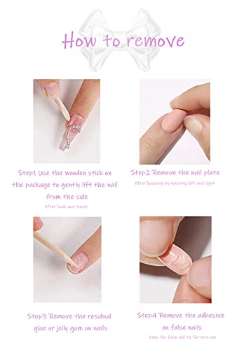 Pink White Long Square Press on Nails French Tip Fake Nails 5D Star Bow Pearl False Nails with Designs Cute Acrylic Nails Full Cover Glossy Glue on Nails Artificial Nails for Women Girls 24Pcs