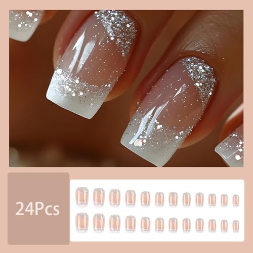 24 Pcs White French Tip Press on Nails Medium Square Fake Nails with Glue Glitter Full Cover False Nails with Silver Sequin Design Acrylic Nails Press ons Coffin Nail Tips Glue on Nails for Women