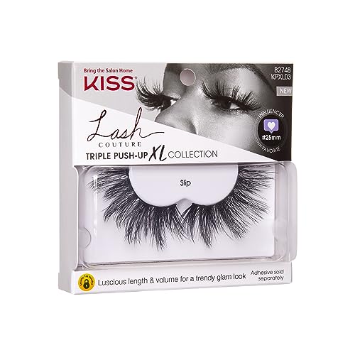 KISS Lash Couture Triple Push Up XL Collection False Eyelashes, 3D Volume in Extra Long Length with Triple Design Technology, Cruelty-Free and Reusable, Style 'Slip', 1 Pair Fake Eyelashes (Pack of 3)