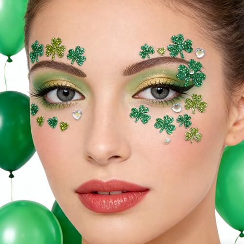 St. Patrick's Day Glitter Face Stickers - Green Shamrock Gems