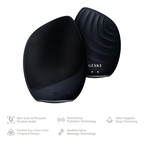 GESKE SmartAppGuided Sonic Facial Brush 5 in 1 | Vibrating Electric Cleansing Brush | Soft Silicone | Professional Cleanser | Skin Exfoliator | Face Massager