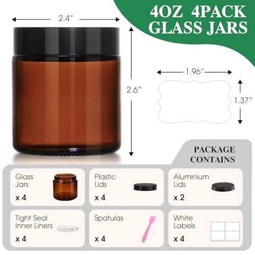4 oz Glass Jars with Lids, 4 Pack Amber Small Glass Jars with Black Lids Leakproof Airtight Empty Cosmetic Travel Containers with Inner Liners For Lotions Body Scrub, Candle Making