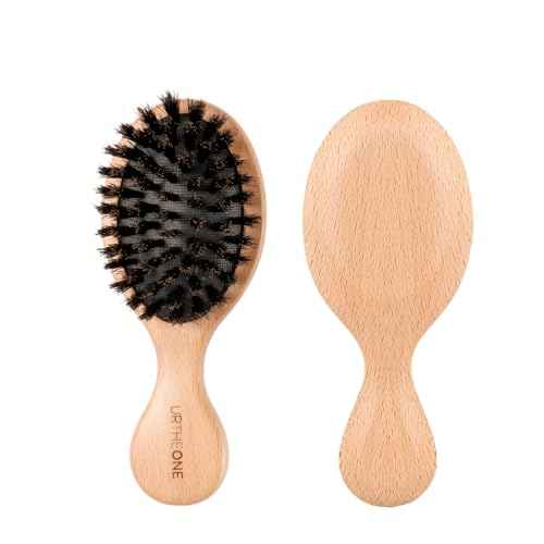 URTHEONE 100% Pure Boar Bristle Hair Brush - Mini Travel Size Wooden Brush for Shine, Frizz Control & Scalp Massage, Natural Pocket Hairbrush for Women Men Kids, Portable for Purse Car Office