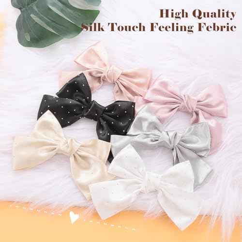6PCS Large Bow Hair Clips Fashion Hair Bows with Rhinestone Handmade Hair Ribbons Clips French Barrette Bowknot Solid colors Hair Accessories for Women Girls