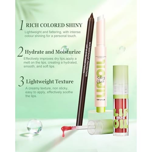 Brown Lip Liner Waterproof Lip Kit with Lips Oil Gloss Plumper Jelly Lips Balm Clear Shimmer Combo,Moisturizing Lipstick Tinted Lipoil Lightweight Non Sticky Liquid Lipstick Women Makeup Gift-Set 02