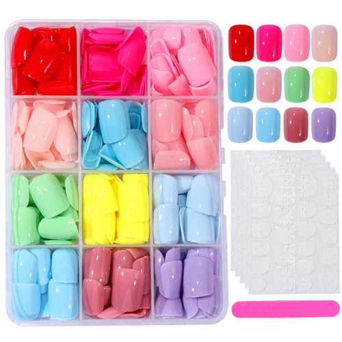Jellyqueen A22-02-03 Short Square Press-On Nails 360 pcs with 12 Colors & Tools