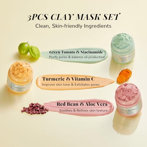 ANAI RUI 3 Pcs Pore Cleansing Face Mask Set Green Tomato Clay Mask - Turmeric Vitamin C Facial Mask Red Bean Refreshing Pore Mask, Relaxing Spa Gift Set Self Care for Women/Teens Girls 2.5 oz each