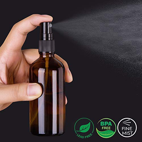 4oz Amber Glass Spray Bottles for Essential Oils - Set of 4 with Extra Nozzles & Labels