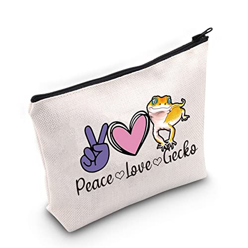 G2TUP Leopard Gecko Lover Gift Peace Love Gecko Makeup Bag Pet Lizard Lover Cosmetic Bag Reptile Gecko Owner Gift Travel Bag with Zipper (Peace Love Gecko White Bag)