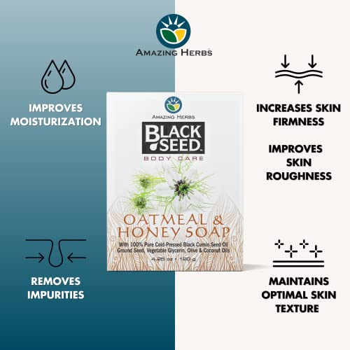 Amazing Herbs Black Seed Soap - 100% Pure Cold-Pressed Black Cumin Seed Oil, All Natural, Free of Colors, Dyes, & Fragrances - Black Seed Oatmeal & Honey Soap, 4.25 Oz (Pack of 3)
