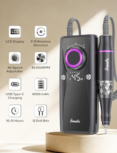 Yomanta Professional Electric Nail Drill Kit - 45000 RPM, 12 Bits