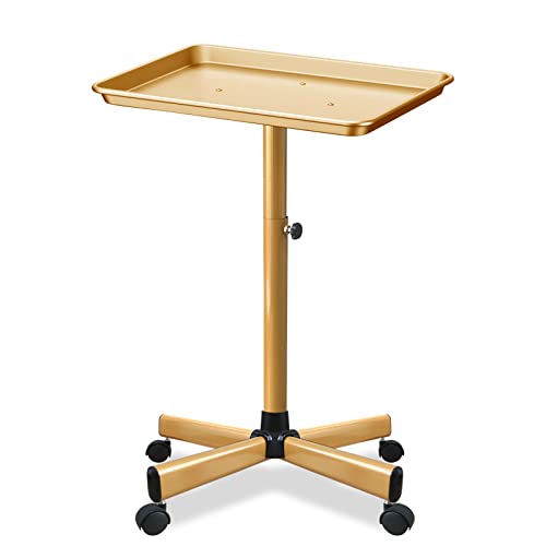 Adjustable Salon Tray Cart with Wheels, 26-43 Inch Gold Aluminum