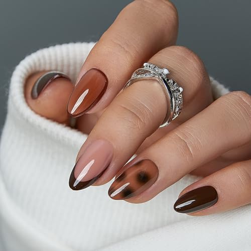 CurvLife Medium Almond French Tip Press On Nails – Tortoise Brown Soft Gel