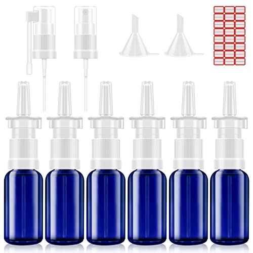 FZENeast Nasal Spray Bottle, 6 Pcs 30ML/1oz Glass Refillable Continuous Fine Mister Spray Bottles, Small Empty Nasal Sprayer with Different Sprayers, Funnels, Travel Clips and Labels(Blue)