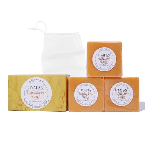 LIYALAN Turmeric Soap Bar(3.88 oz / 3 Bars) for Face & Body-Turmeric Soap,Acne, Dark Spots, Hyperpigmentation, Smooth Skin,Cleansing Natural Handmade Soap