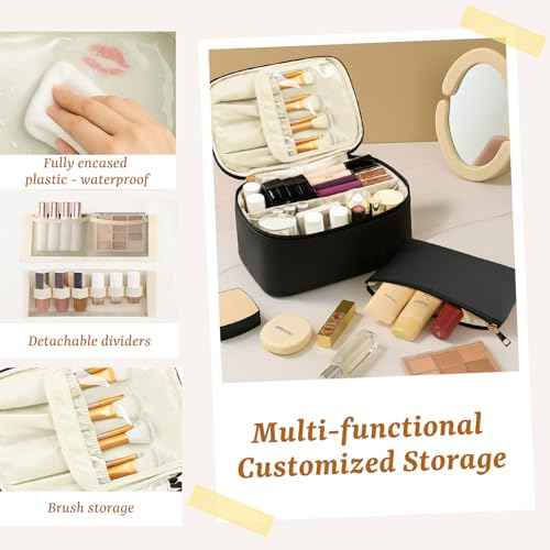 Travel Makeup Bag Toiletry Bag Waterproof Large Capacity Cosmetic Bags for Women Portable Make up Organizer Pouch With Divider Vegan Leather 2PCS Gifts for Mother Girls Black