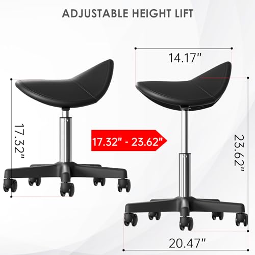 CLORIS Saddle Rolling Stool Hold up to 400 LBS Height Adjustable Swivel Chair Nylon Feet with Wheels for Spa, Massage, Salon, Home, Office, Medical, Tatoo, Bar Black