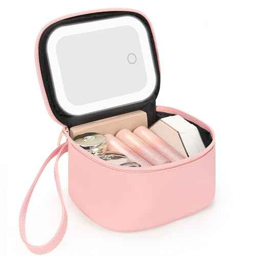 Relavel Mini Makeup Bag with Led Mirror, Small Cosmetic Bag with 3 Light Modes, Rechargeable Portable Makeup Pouch with Hands-Free Wrist Strap for Pool Parties?Work Touch-Ups?Travel - Pink