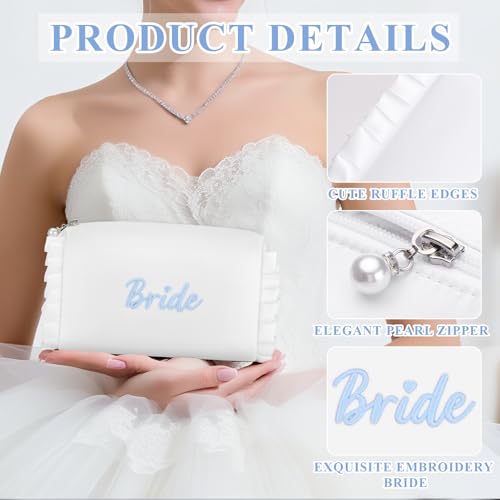 Etercycle Bride White Satin Cosmetic Bag with Blue Embroidery