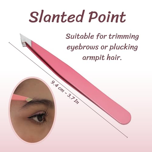 Eyebrow Tweezers for Women with Slanted, Splinter, and Pointed Tips. Professional Tweezers for Women Facial Hair for Eyebrow Care. 4 Piece Pinzas para Cejas Set. (PinkTweezer)