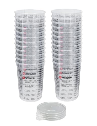KREFINISH 32 Oz Clear Plastic Mixing Cups with Lids - Disposable & Reusable for Epoxy, Paint, Resin, Automotive, Art Projects (Box of 24 + 4 Lids)