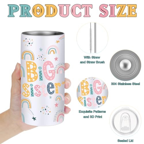 Sieral 4 Pcs Big Sister Gifts for Girls Cute Big Sister Makeup Bag 14oz Stainless Steel Tumbler Scrunchies Bracelet for Little Girls of Age 2-8 New Baby Birthday Baby Shower (Rainbow, Multicolor)