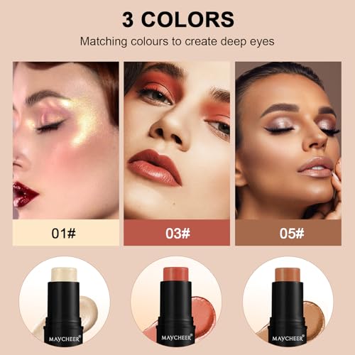 Contour Stick Makeup Set, 2024 New Face Stick Cream Blush, Bronzer Stick, Highlighter Stick for Face with Makeup Brush, Long Lasting & Natural Matte Contour Sticks for Beginner, 3 Colors (#01, 03, 05)