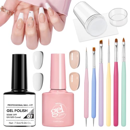 French Manicure Kit with Gel Polish, Nail Stamper & Brushes - Easy DIY