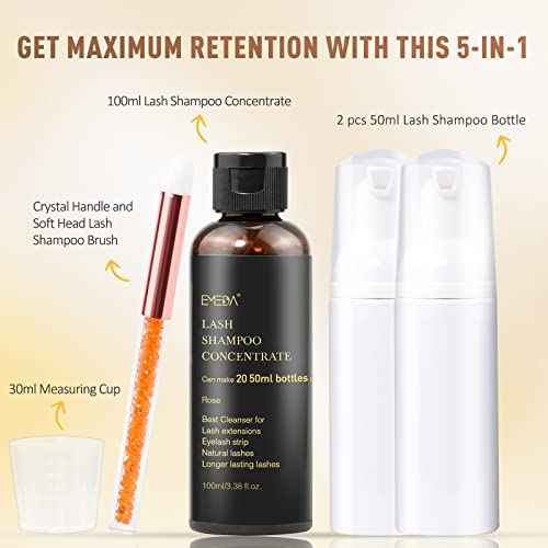 EMEDA Lash Shampoo Concentrate for Eyelash Extensions 100ml Eyelash Extension Cleanser Concentrate Bulk Liquid Kit with Brush Bottle Foam Soap Lash Bath Solution - Makes 20 Bottles 50ml Shampoo (Rose)