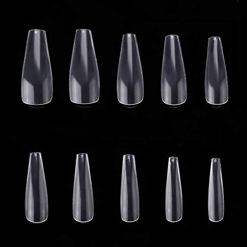 MPNETDEAL 500Pcs Coffin Nails Long Ballerina False Nail Tips Full Cover Fake Artificial Acrylic Nails Extension Tips 10 Size with a case for Nail Salon or Home Use DIY Nail Art (Clear)