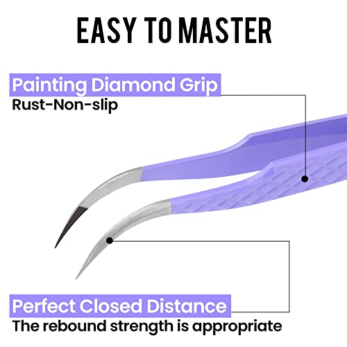 Fiber Tip Lash Tweezers For Eyelash Extension Tweezers Professional Artist Tech Work Kit Tools,Best Volume Eyelash Lashes Extensions Purple Tweezers Precision Supplies(C Curved)