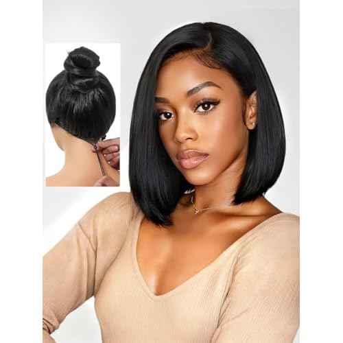 Bob Glueless Wigs Human Hair Pre Plucked Pre Cut 6x4 HD Lace Front Wigs Wear and Go Short Straight Bob Wigs for Black Women 150% Density Natural Black for Daily Use 12 Inch