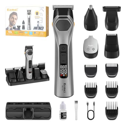KEMEI Professions Beard Trimmer for Men Cordless IPX6 Waterproof Mens Beard Trimmer for Night Lighting Lamp Rechargeable for Nose, Body, Face and Mustache with LED Display Gifts Mens KM-1791