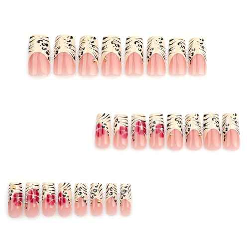 Leopard Print French Tip Press on Nails Long Square Fake Nails with 3D Gold Pearl Designs Glossy Red Flower Full Cover Glue On Nails Reusable Coffin Autumn Winter False Nails for Women 24Pcs