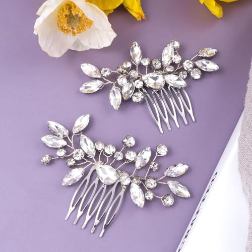 Bridal Hair Comb Rhinestone Silver Flower - 2 Pack Wedding Headpiece