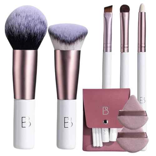 BS-MALL Travel Makeup Brushes Premium Synthetic Foundation Powder Concealers Eye Shadows 7 PCS with Triangle Puff & Storage Bag (Rose Pink)