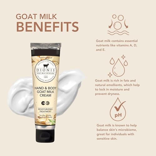 Dionis Goat Milk Skincare Nutty Vanilla Scented Hand & Body Cream - Cruelty Free Travel Size For Hydrating & Moisturizing