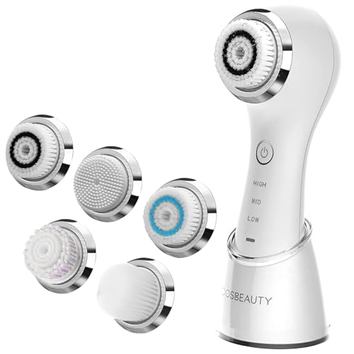 COSBEAUTY Face Scrubber Exfoliator Sonic Facial Cleansing Brush with 5 Interchangeable Brush Head,Face Brush Cleanser for Men IPX7 Waterproof,Wireless Rechargeable for Massaging,Deep Cleansing(White)